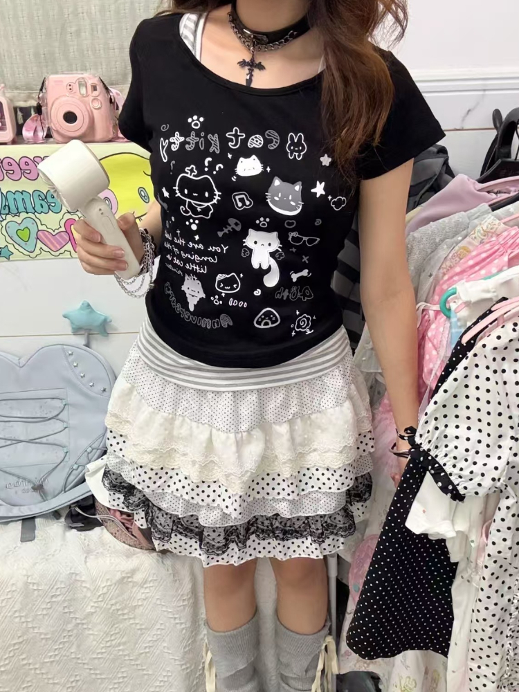 Jupe ample Lolita en dentelle douce pour femmes, jupe d'été japonaise, taille élastique, Patchwork, gâteau à pois, Hepburn, nouvelle jupe Vintage, 2025