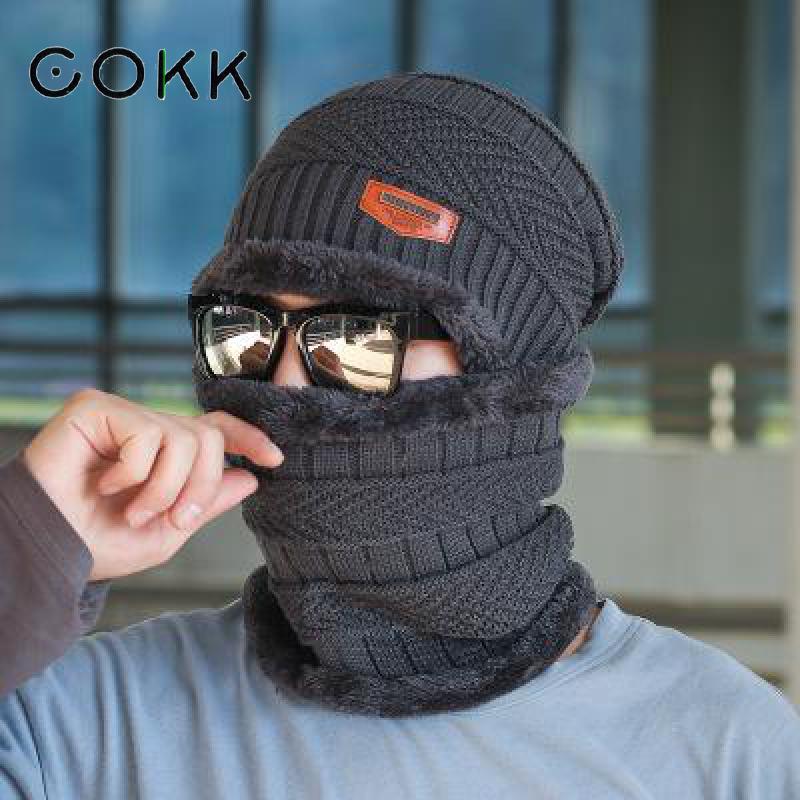 COKK – Bonnet d'hiver en laine épaisse pour homme et femme, Bonnet tricoté, écharpe, cagoule, masque, Gorras