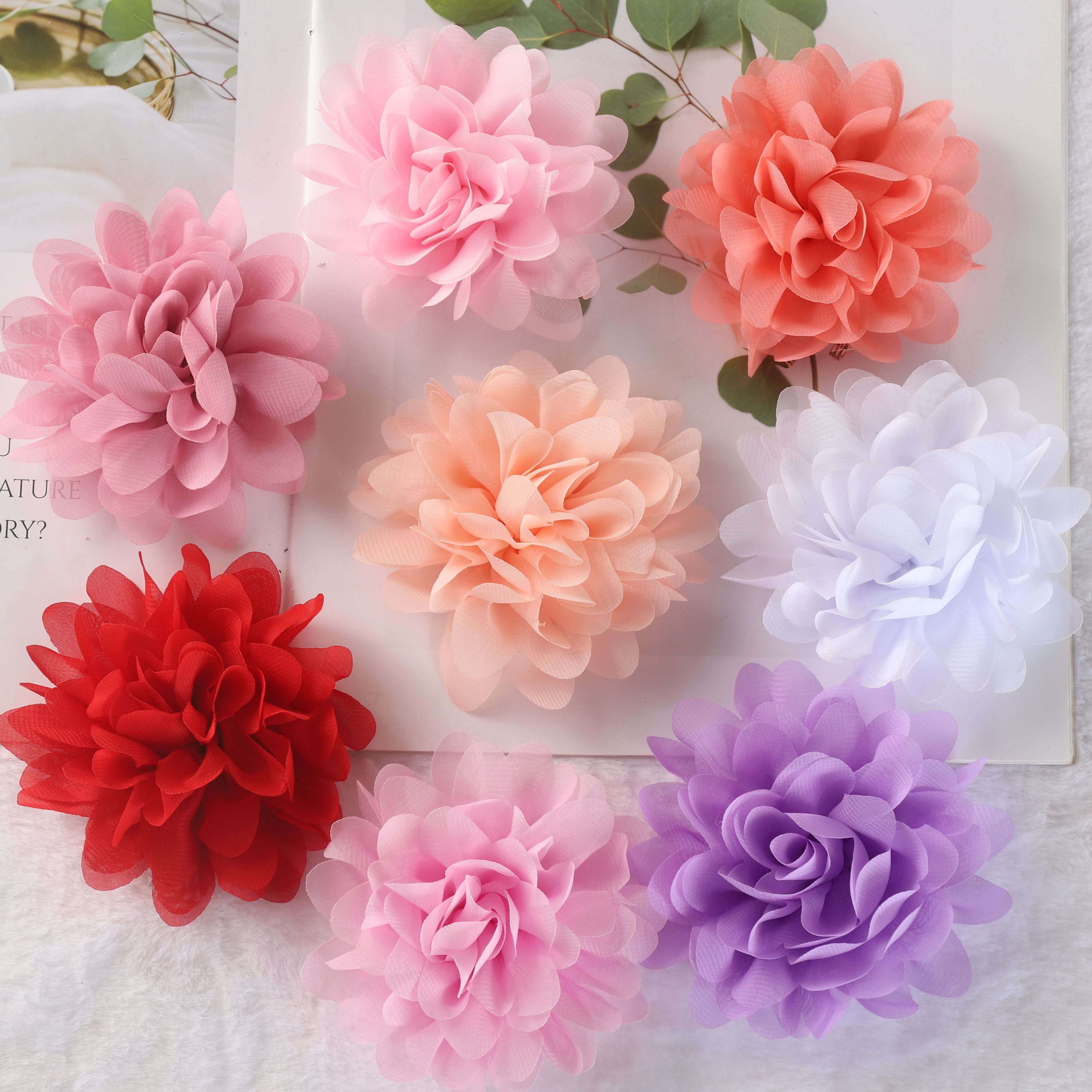 Lot de 10 fleurs en satin de 10 cm pour accessoires de coiffure DIY, fleurs en tissu, fleurs en mousseline, accessoires pour cheveux, bandeaux, sans pinces, nœuds