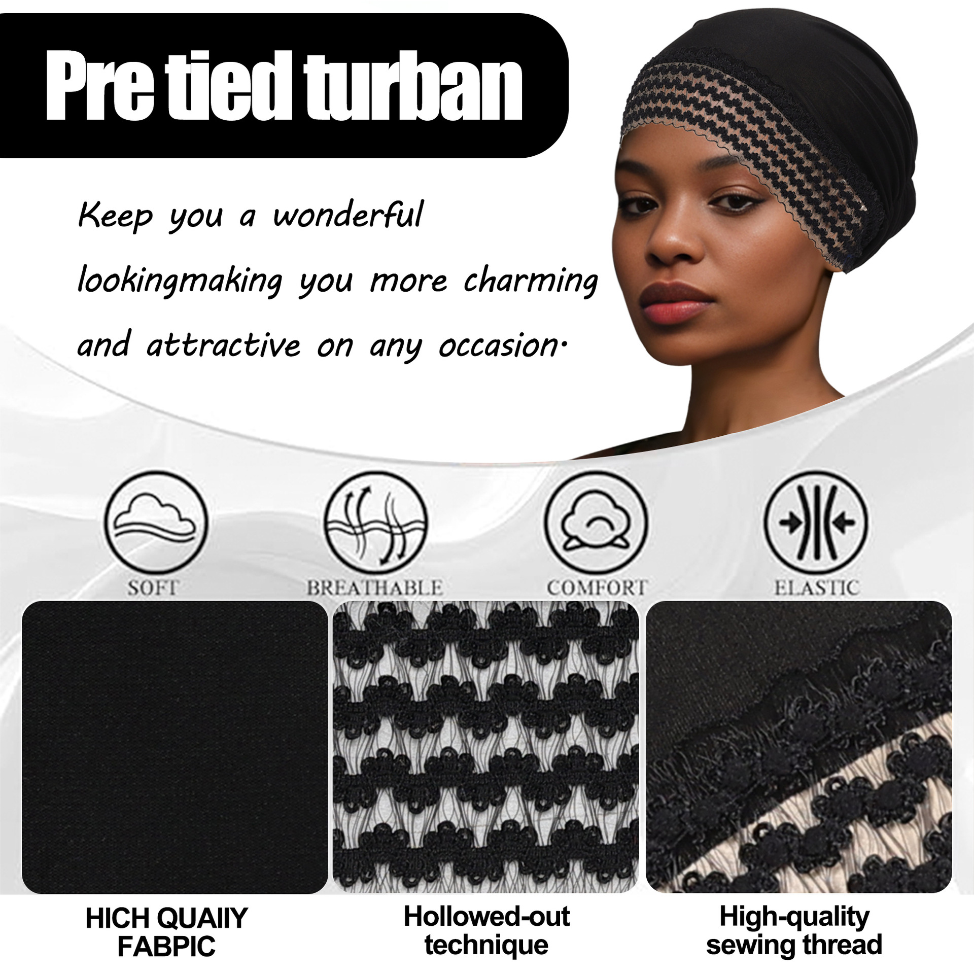 Turban pré-noué pour femme, hijab ajouré en dentelle, élastique, doux, respirant, couvre-cheveux, foulard quotidien pour chimiothérapie
