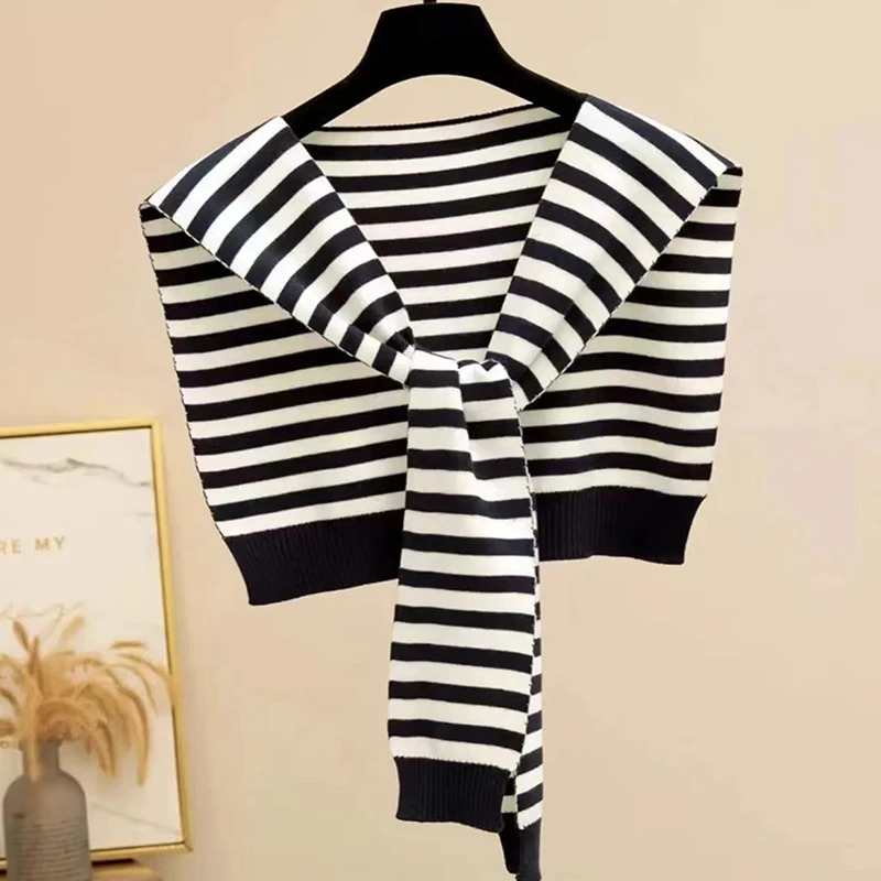 Châle chaud tricoté à rayures coréennes pour femme, chemisier d'hiver, épaules, faux col, Cape nouée, écharpe à rayures, vêtements d'extérieur