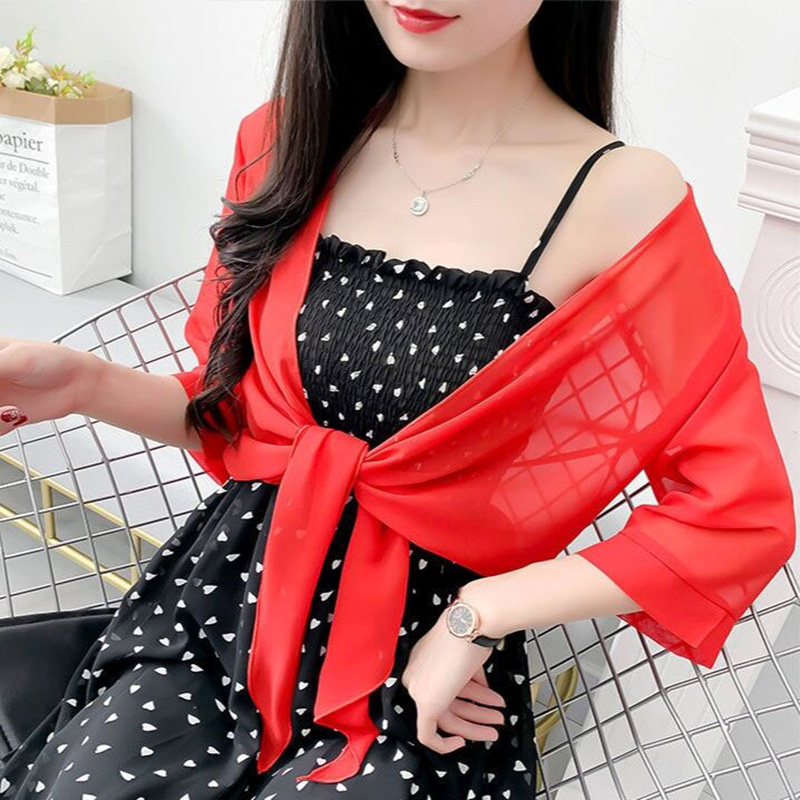 Cardigan en mousseline de soie transparente pour femme, châle d'été, couleur unie, pour protection du cou, écharpe en soie, R13