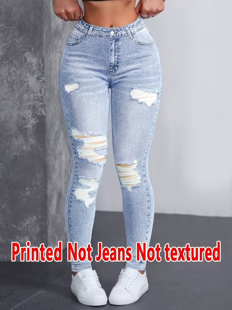 Leggings imprimés – Tissu non en denim, leggings imprimés avec motif imitation denim, avec poches et boutons décoratifs, grande élasticité, nouveauté.