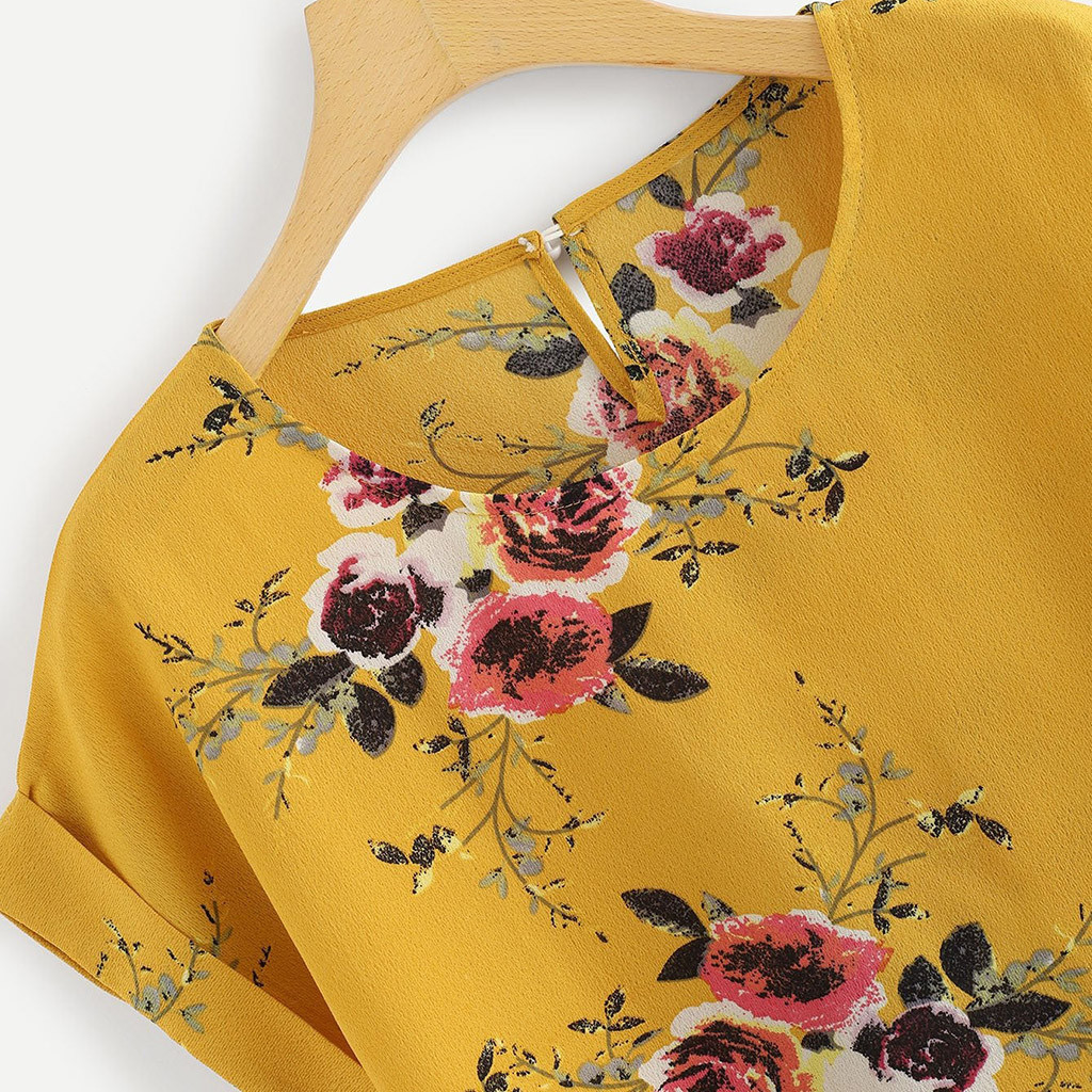 Chemisier à manches courtes imprimé floral pour femmes, t-shirt à col rond pour femmes, pull à la mode, vêtements d'été