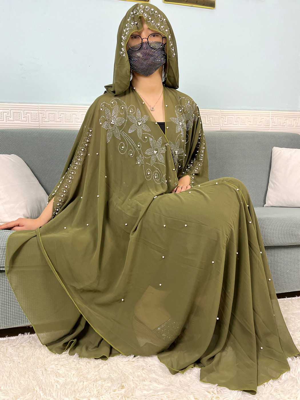 Abayas Ouverts Musulmans pour Femmes, Ensemble de Perles en Mousseline de Soie, Diamants, Dubaï, Ensembles de Vêtements de Prière Islamique, Robe Boubou Africaine à Capuche, 2024