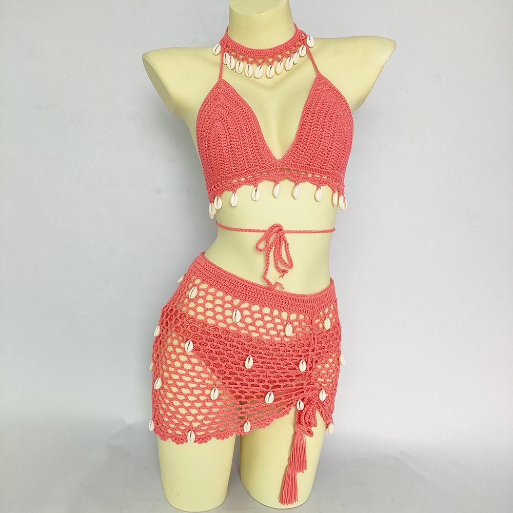 Femmes vêtements de plage maillot de bain cache-maillot Boho été transparent évider pansement taille haute jupe de plage courte jupes en tricot au Crochet