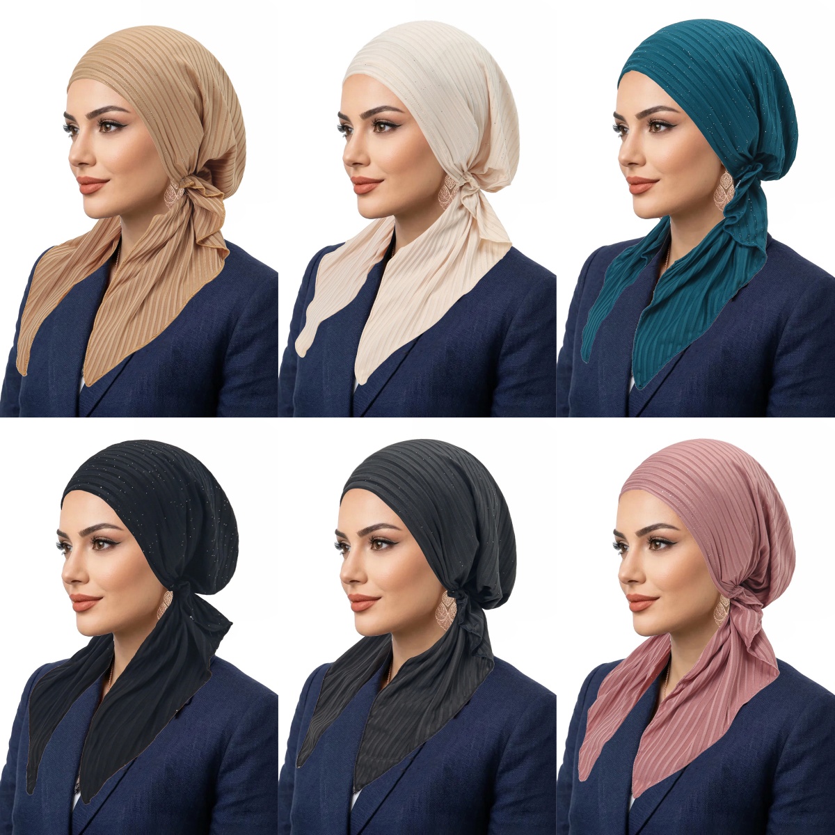 Nouveauté 2026 : Hijabs musulmans à rayures, turbans, foulards à longue queue, bonnets hijab élastiques et bonnets chimio respirants pour femmes et filles