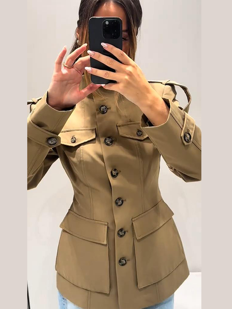 Vestes Vintage à col montant pour femmes, kaki, taille fine, poches à simple boutonnage, manteaux à manches longues, vêtements d'extérieur pour dames, automne 2025