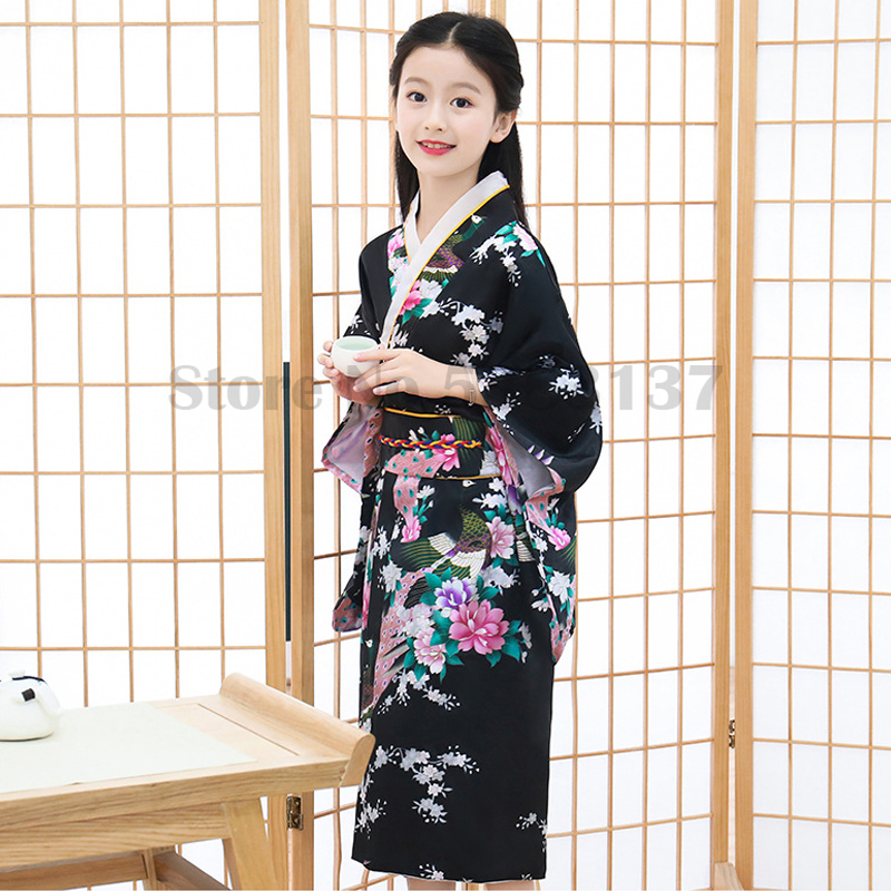 Kimono japonais en Satin pour filles, nouveauté de luxe, Robe Yukata imprimée avec Obi, Costume de spectacle pour enfants, vêtements traditionnels asiatiques