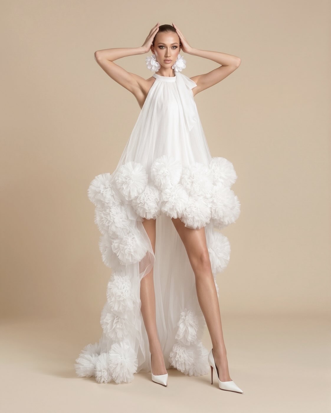 Nouvelle Robe Blanche 2026 à Col Halter pour Femme, avec Volants Floraux 3D, Coupe Asymétrique, Robe de Soirée/Cocktail, Taille Empire, Idéale pour Invitée de Mariage Formelle