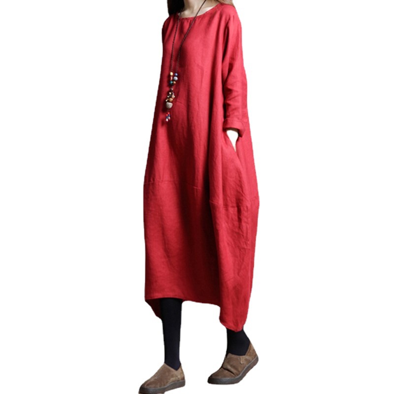 Robes pour femmes 2026 Nouvelle collection Printemps-Automne, amples, col rond, en coton et lin, manches longues, vêtements pour femmes, vestidoes