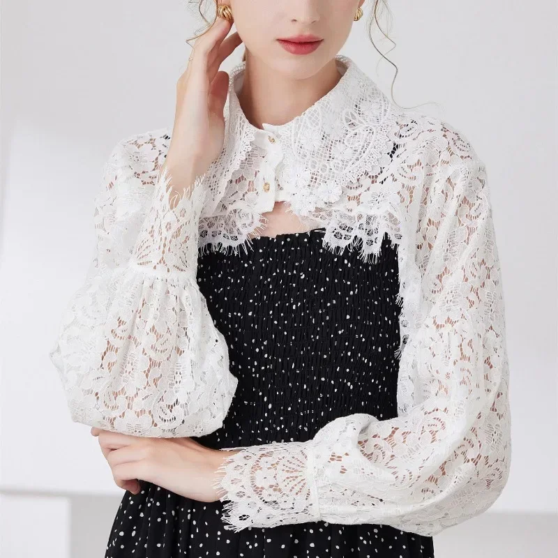 Boléro en dentelle à manches longues pour femme, col chemise, haut court boutonné en maille, cardigan court ouvert sur le devant