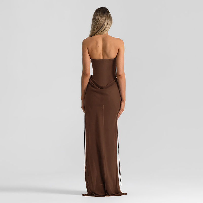 Tornova élégant robe longue sans bretelles mode épissure femmes sans manches robe de Banquet à lacets taille haute robe moulante femme