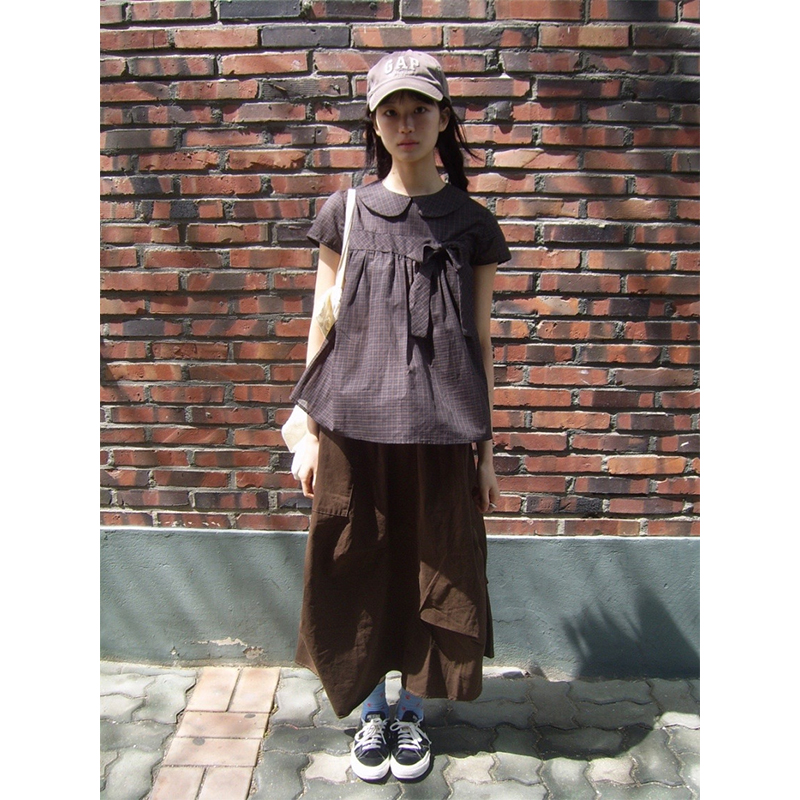 Chemises à carreaux Vintage pour femmes, chemisiers japonais à col Peter Pan avec nœud Harajuku, esthétique coréenne d'été, manches courtes, hauts décontractés, nouveau