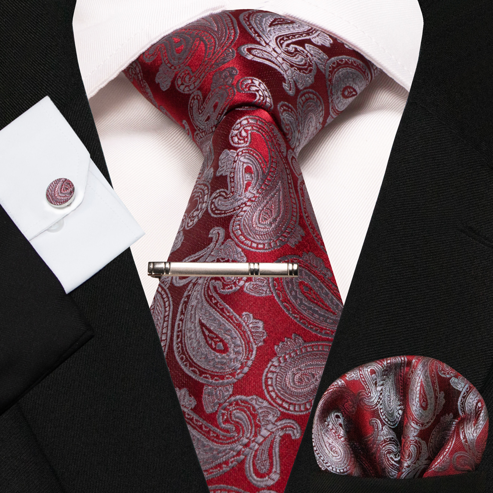 KAMBERFT nouveau classique soie hommes cravate rouge or rayé hommes cravate mouchoir boutons de manchette ensemble mariage affaires fête Gravatas