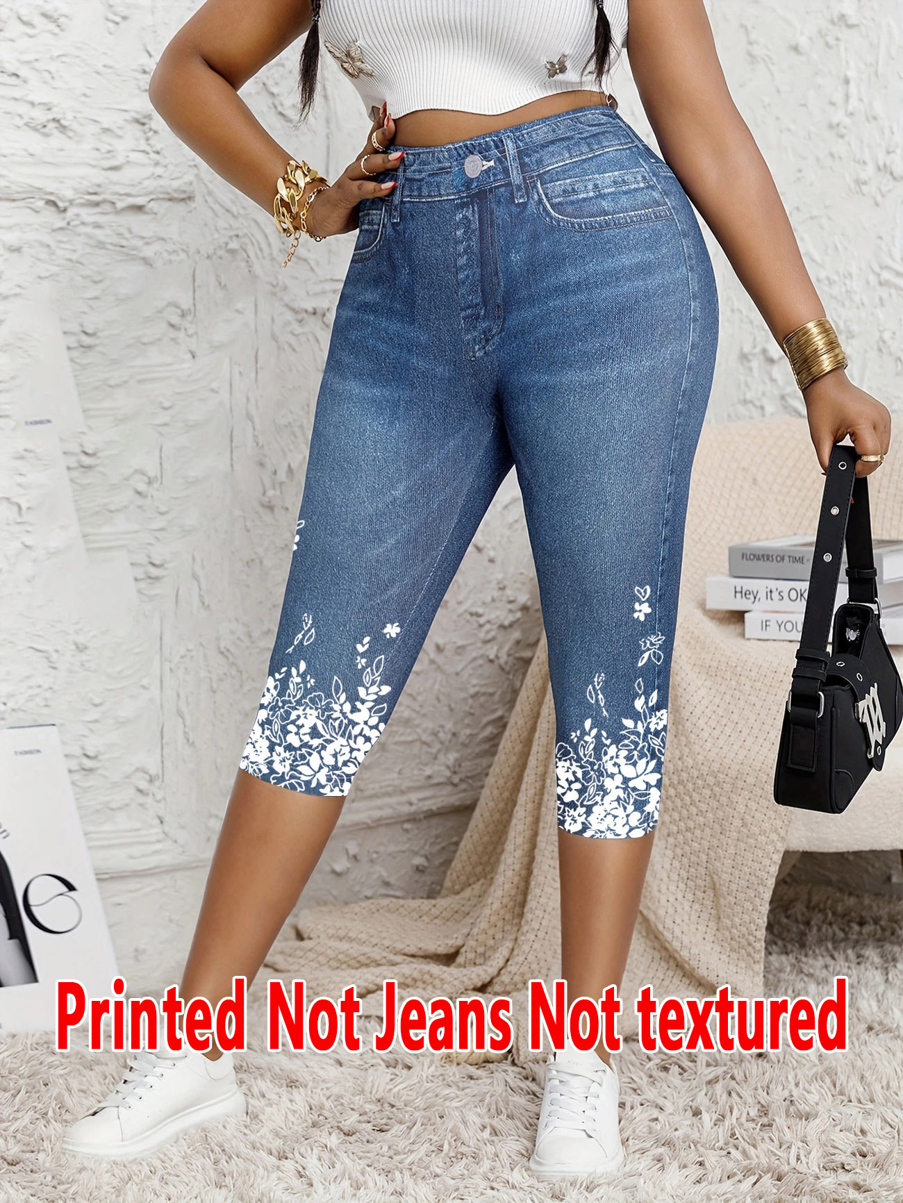 5898 [Leggings imprimés - Non en tissu denim] Leggings pour femmes à sept points avec un imprimé imitation denim, pantalon moulant