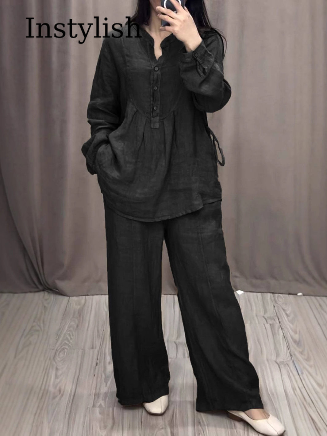Ensemble 2 pièces en lin pour femme, chemisier à col en V et manches longues boutonnées, pantalon large, décontracté, uni noir, vêtements de détente, printemps automne