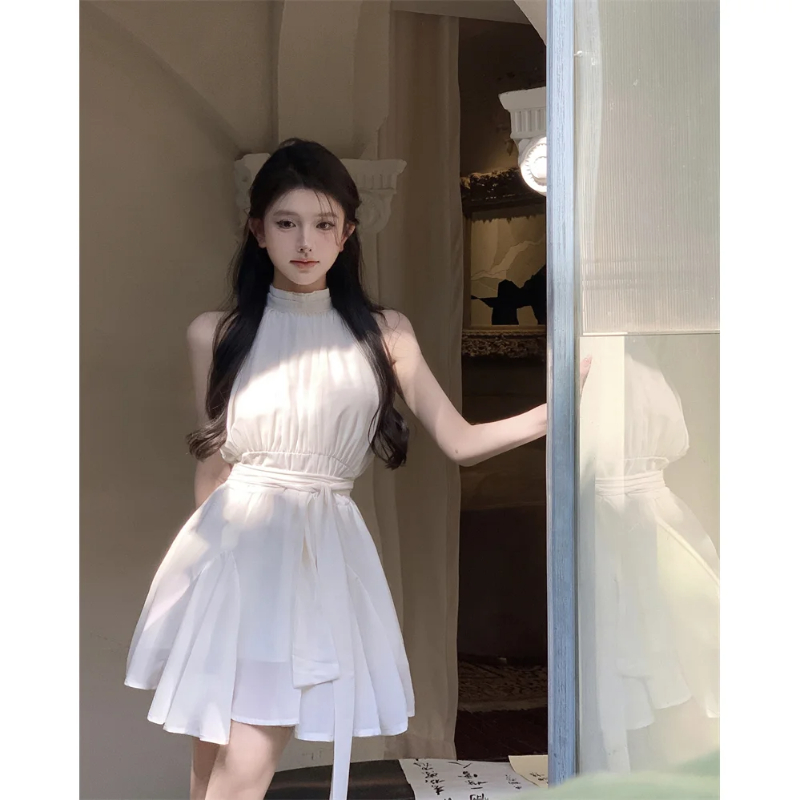 Robe trapèze en mousseline de soie blanche pour femme, robe courte, taille haute, style de vacances, ruban éducatif, niche d'été