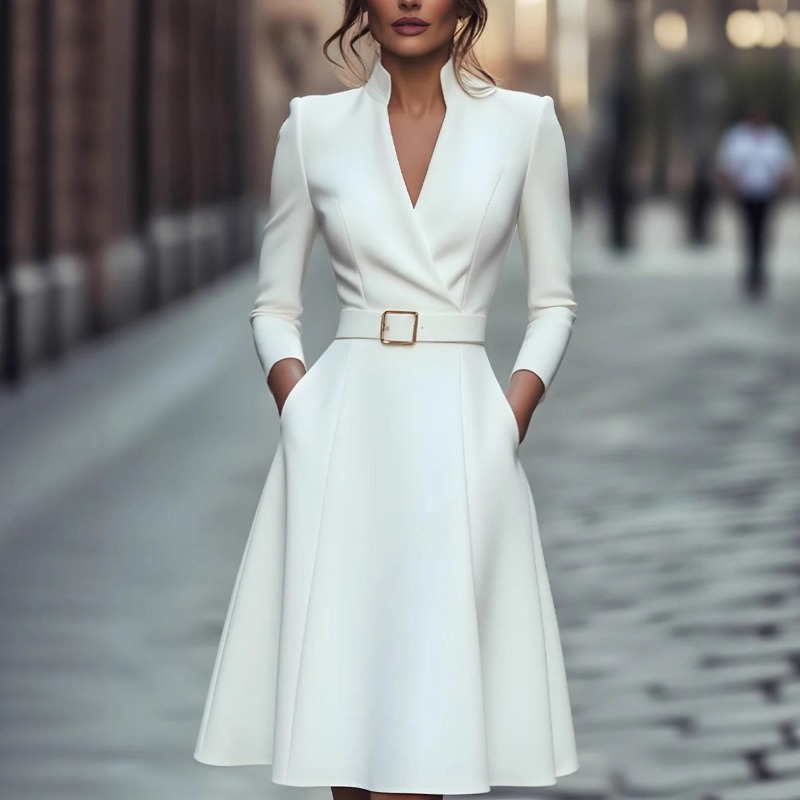 Robe midi élégante à col en V pour femmes, manches longues, ceinture à la taille, couleur unie, coupe évasée, formelle, pour le bureau, automne-hiver.