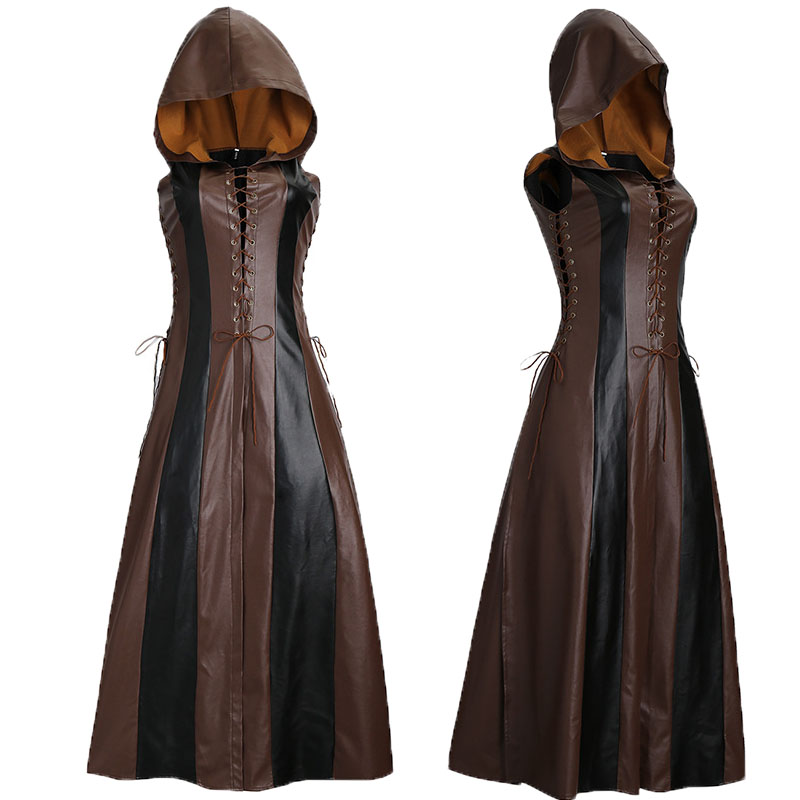 Femmes médiévales Larp Archer Ranger elfe Costume femme guerrier Halloween Robin Cosplay Robe de pansement en cuir à capuche Robe Maxi cape