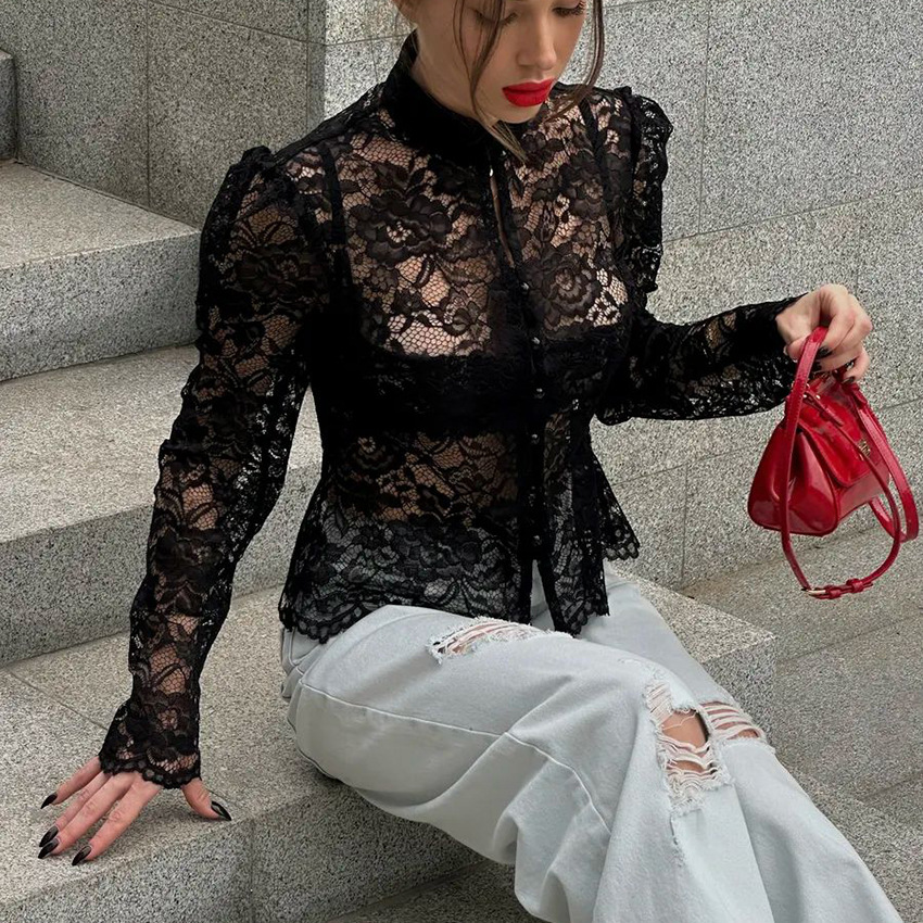 Chemisier en dentelle élégant pour femme, col à volants, hauts ajourés à manches longues, chemisiers de bureau vintage transparents pour femme, printemps 2026