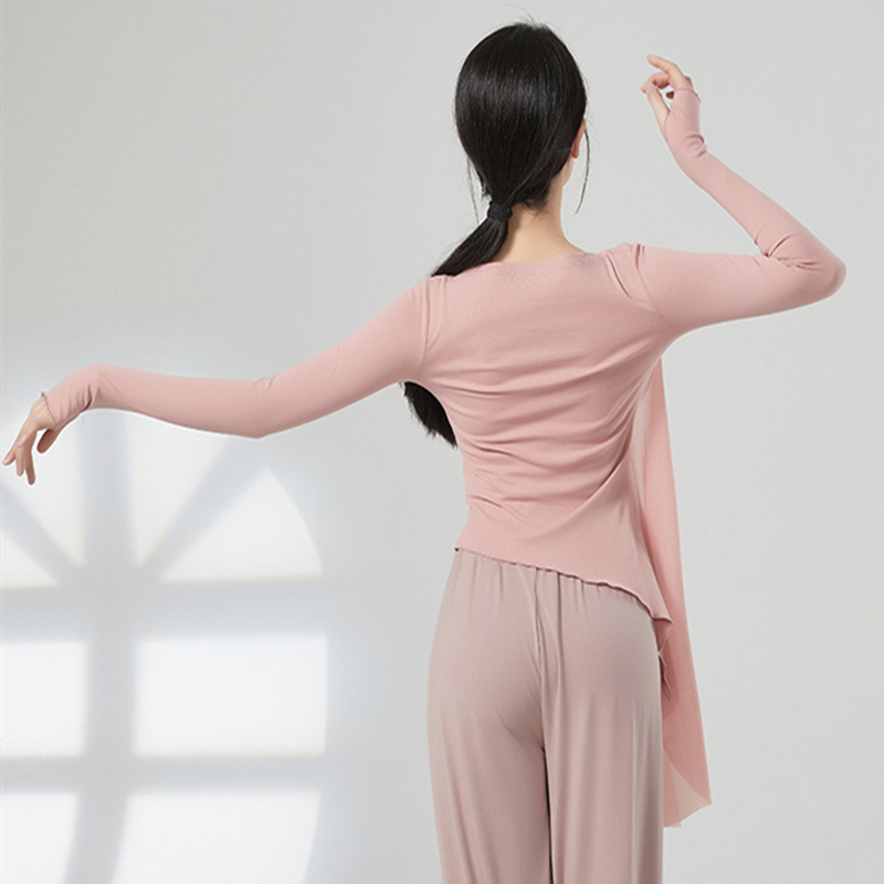 Haut de danse moderne pour femmes, chemise épissée en Tulle à manches longues, ourlet irrégulier, vêtements d'entraînement latin, haut Slim, chemisier à trous pour les pouces, vêtements de danse