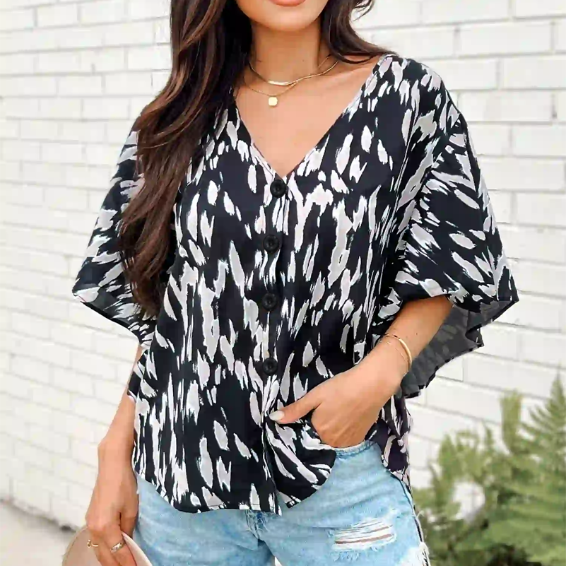 Chemise femme grande taille, haut cardigan imprimé tacheté bouton col en V. Vêtements d'été décontractés et à la mode