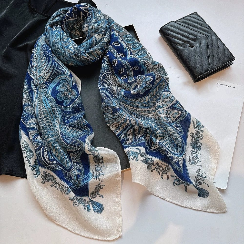 130cm bleu carré écharpe femmes grands châles Vintage carré Bandana luxe foulard femme Foulards