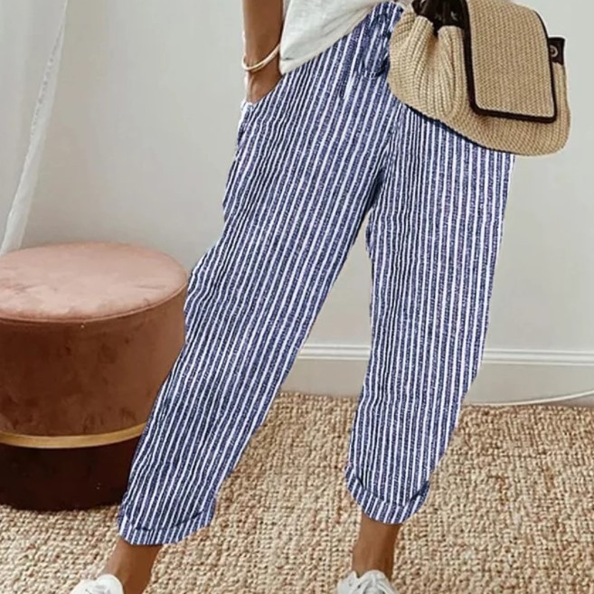 Pantalons femmes 2025 nouvelle mode été rayé décontracté ample taille élastique couleur unie cheville longueur pantalon vêtements pour femmes