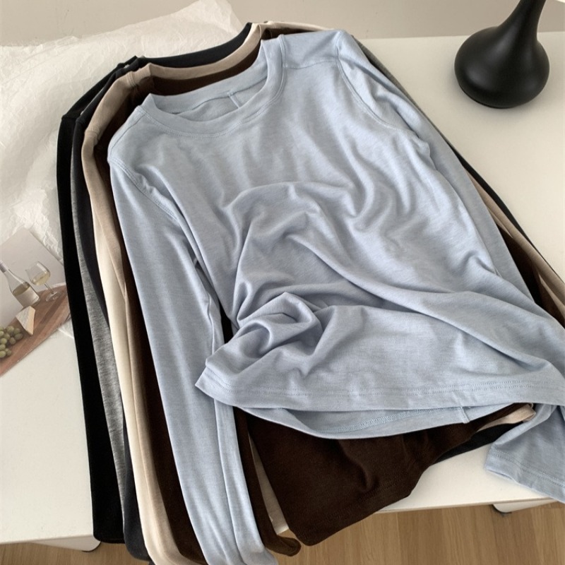T-shirt à manches longues pour femmes, épissure de laine de soie, haut fin, doux, cireux, couleur unie, printemps été