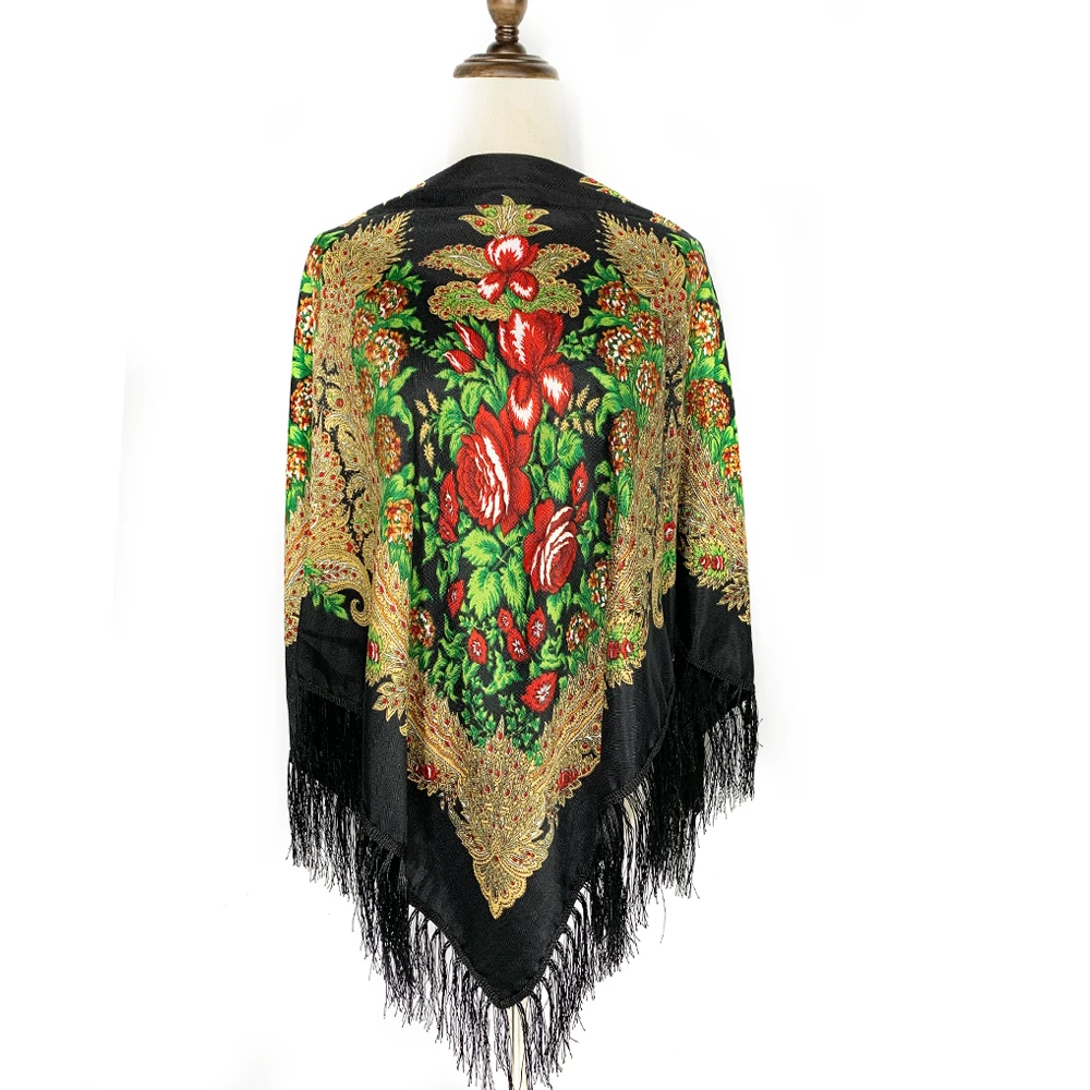 Foulard Carré de Luxe de Style Ethnique Russe pour Femme, Châle à Franges, Bandana, 130x130cm