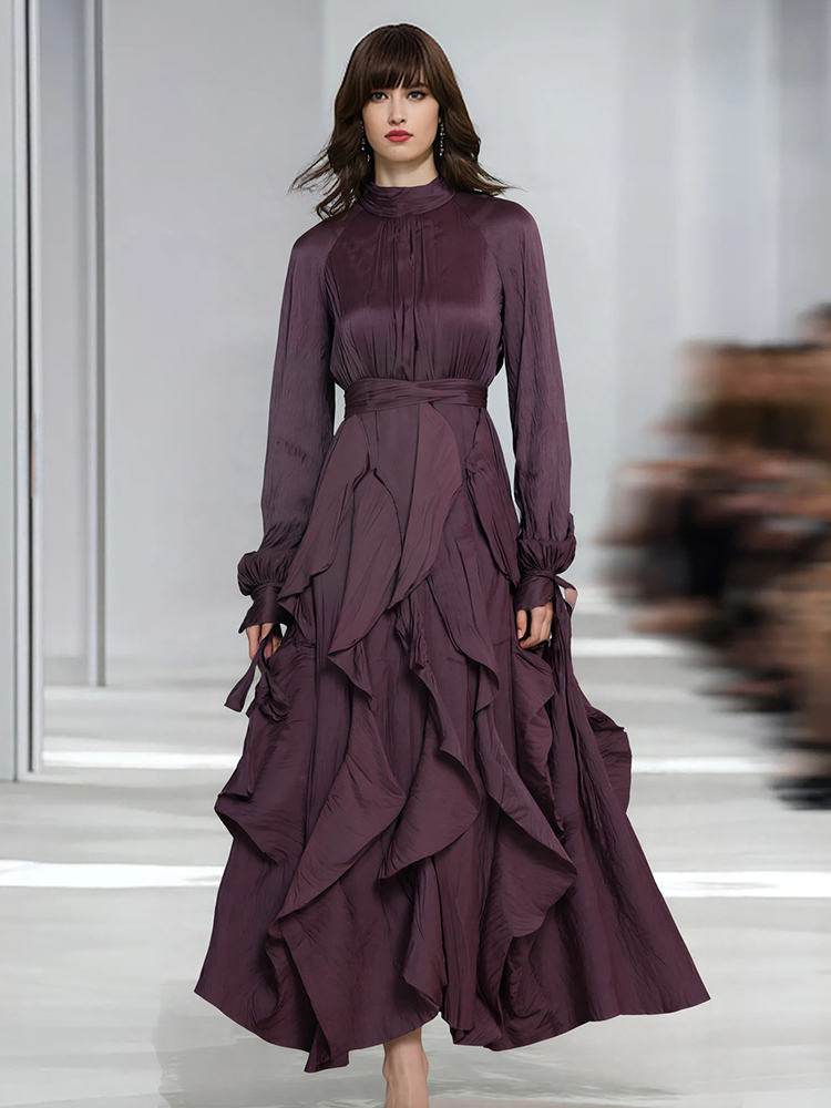 Robe de soirée violette DEAT pour femmes, col roulé, coupe ajustée, laçage à la taille, volants irréguliers, manches longues, nouvelle collection