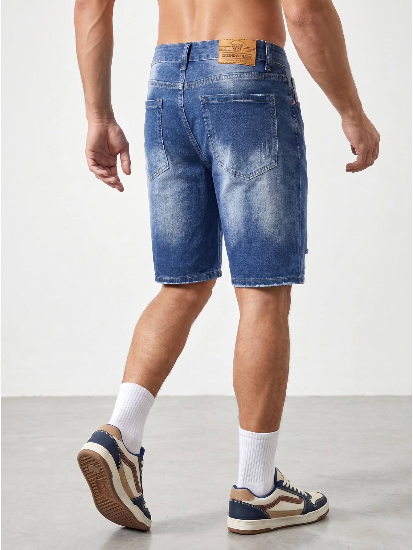 Shorts en jean déchirés pour hommes, bleu vintage délavé, tendance et rafraîchissant, longueur cinq pouces, pour le printemps et l'été
