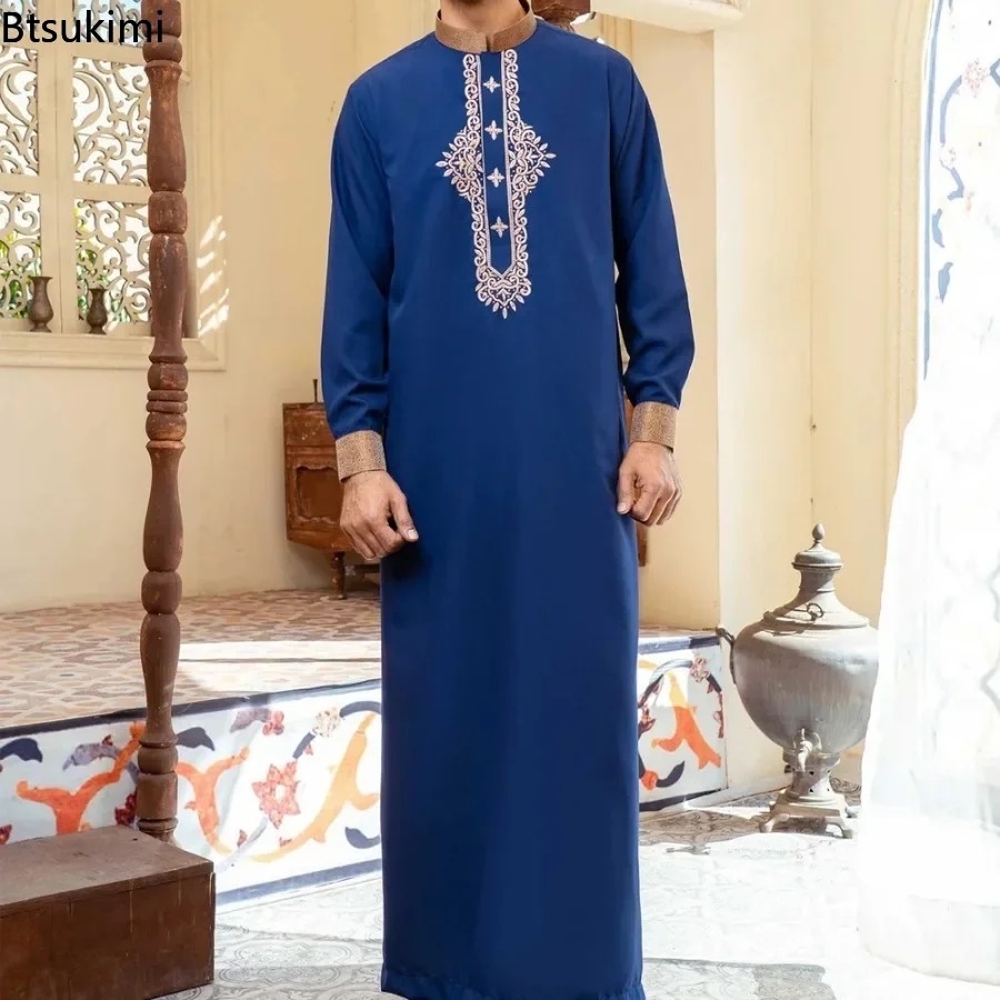 Abayas musulmanes pour hommes, couleur unie, Robe longue brodée, Jubba Thobe, chemises musulmanes arabes saoudiennes, vêtements islamiques, 2026