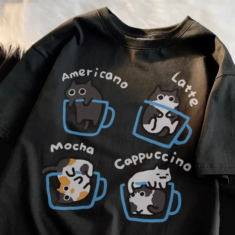 Chat café imprimé T-shirt femmes été nouveau col rond chat mignon décontracté vêtements d'été mode graphique t-shirts Y2K haut Vintage
