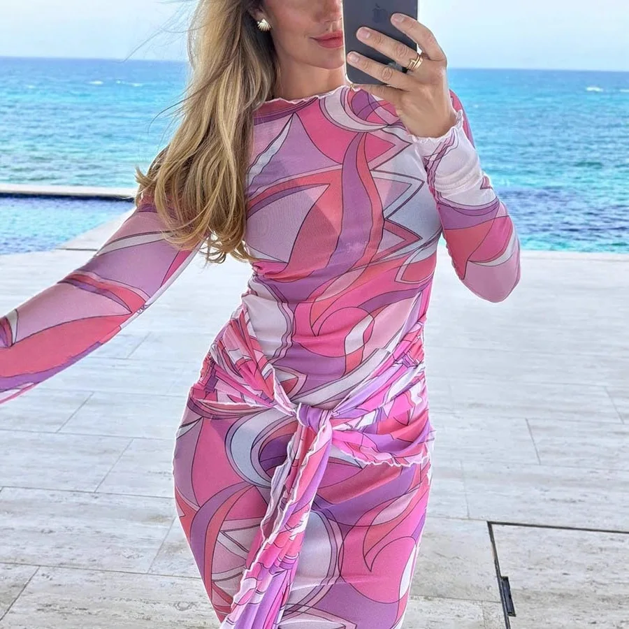 Nouvelle Robe Longue en Maille Imprimée Transparente pour Femme, Style Plage et Vacances, Coupe Ajustée aux Hanches, avec Lacets, Rose Rouge, Maxi Vestidos 2025