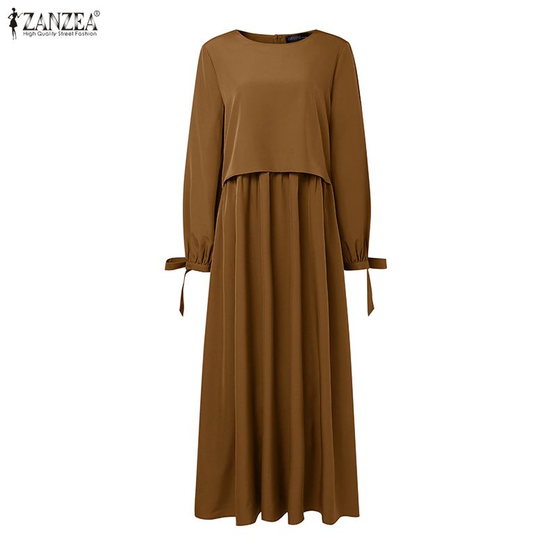 Robes maxi à superpositions pour femmes musulmanes, col rond, manches longues, couleur unie, robes amples Abaya, vêtements islamiques ZANZEA pour le Ramadan