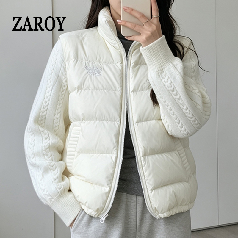 Veste d'hiver pour femmes ZAROY, col montant tendance, manches en tricot, manteau rembourré en coton, vêtement décontracté léger et matelassé pour tous les jours.