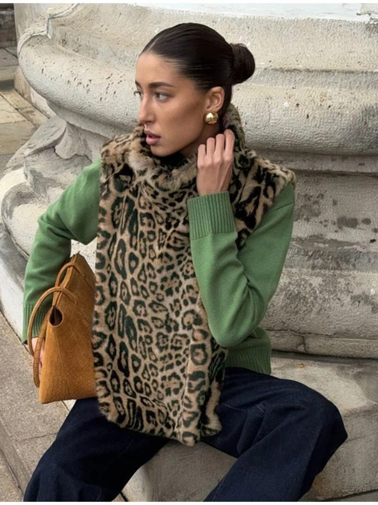 Hauts pour femmes, haut à col roulé sans manches en fausse fourrure léopard, châle, pull, mode féminine, dos nu, irrégulier, vêtements de club, nouveau streetwear