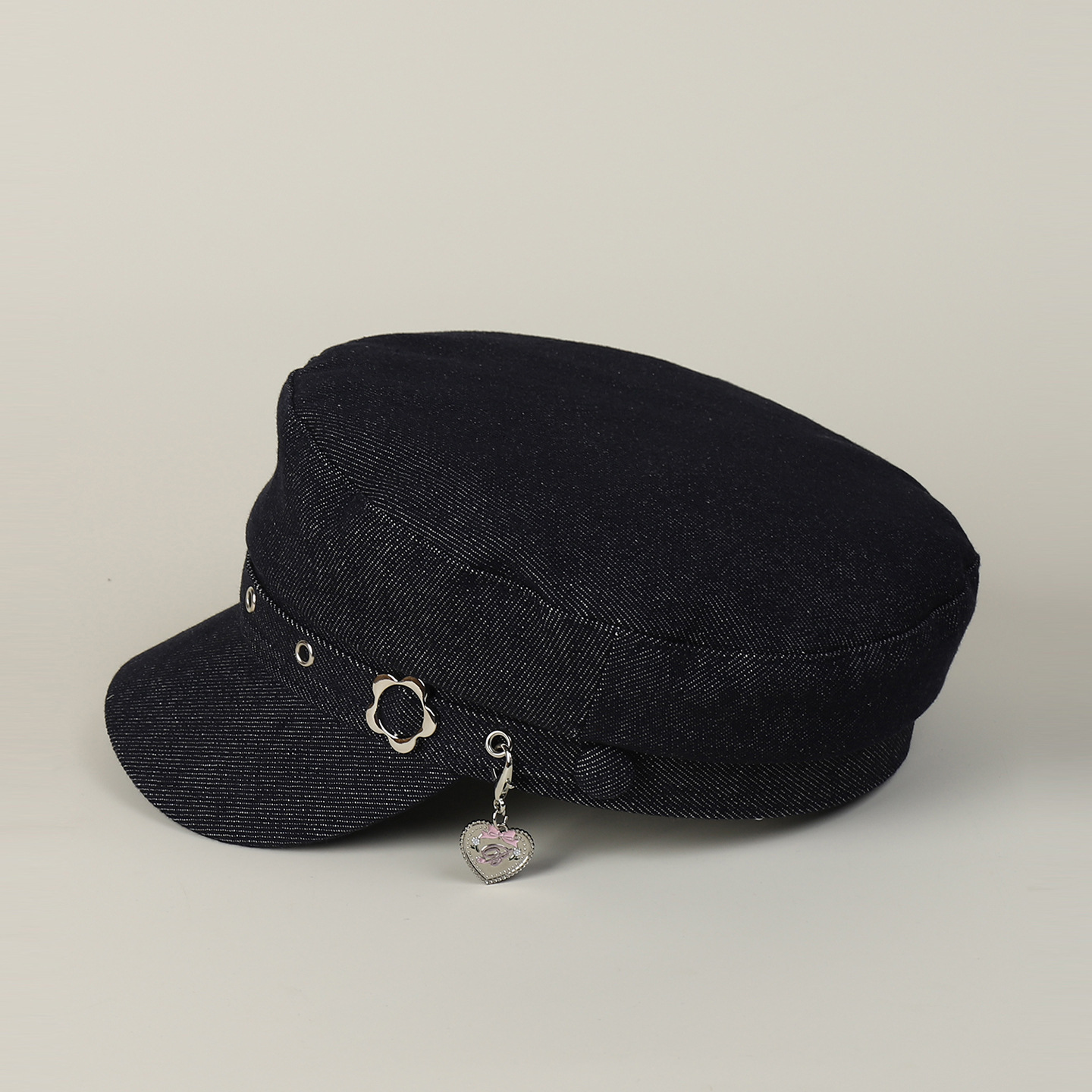 Casquette militaire coréenne rétro à calotte plate pour femme, en jean rigide, style jeune et tendance, avec broderie cœur et fleur, chapeau de soleil