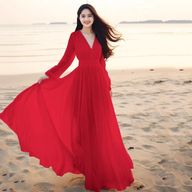 Robe de plage en mousseline de soie pour femmes, nouvelle collection printemps été, manches longues, Sanya, vacances à la plage, élégante, super féerique, longue, grande balançoire