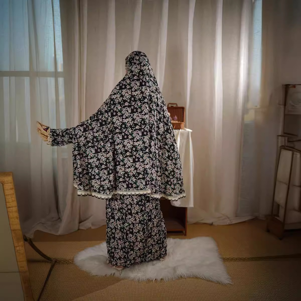Tenues musulmanes deux pièces pour femmes, imprimé de fleurs de prière, longues chemises à capuche, Hijab, jupe maxi, ensembles de jupes pour femmes, Ramadan, Maroc, musulman