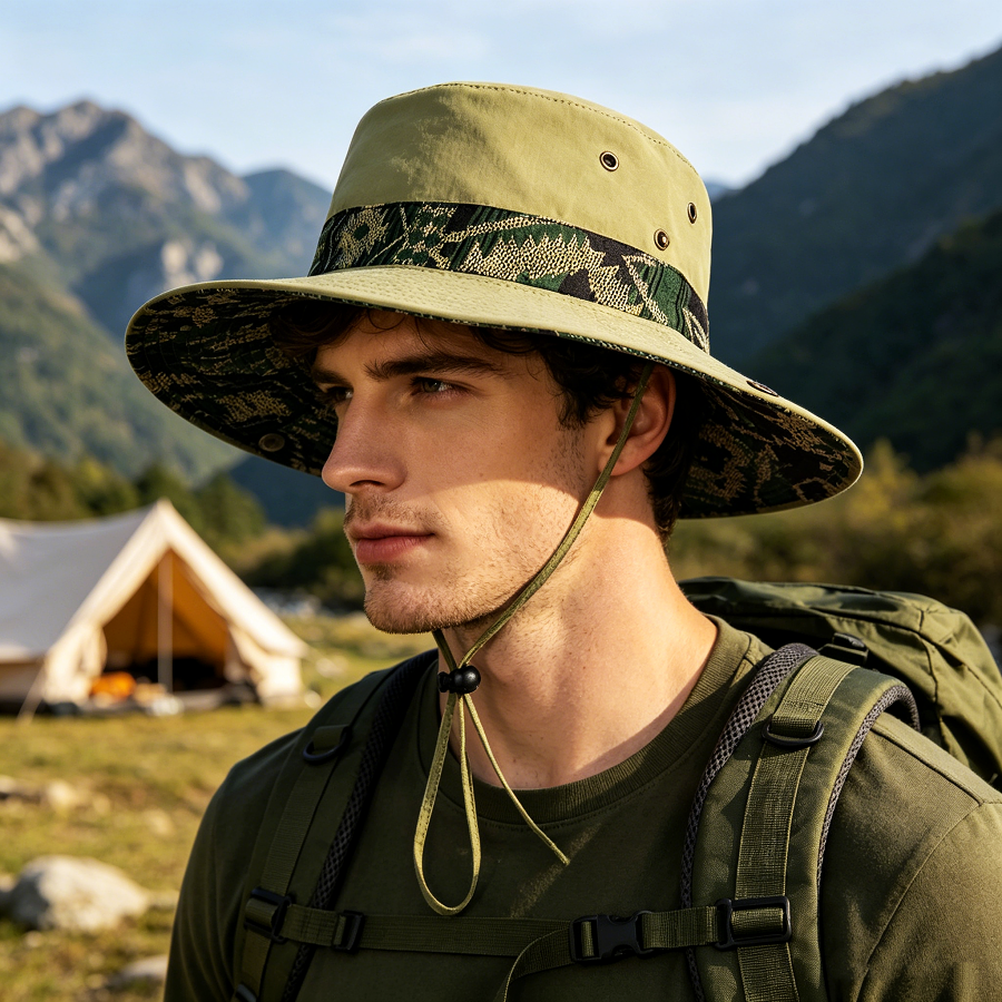 Chapeau de pêcheur à large bord de style ethnique, protection solaire, unisexe, pour la randonnée et le camping, pliable et respirant, avec cordon coupe-vent, adapté à la randonnée et au trekking