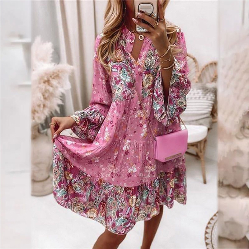 Robe trapèze imprimée à manches longues pour femmes, élégante, plissée, décontractée, robe patineuse de plage, manches évasées, col en v, robes mi-longues