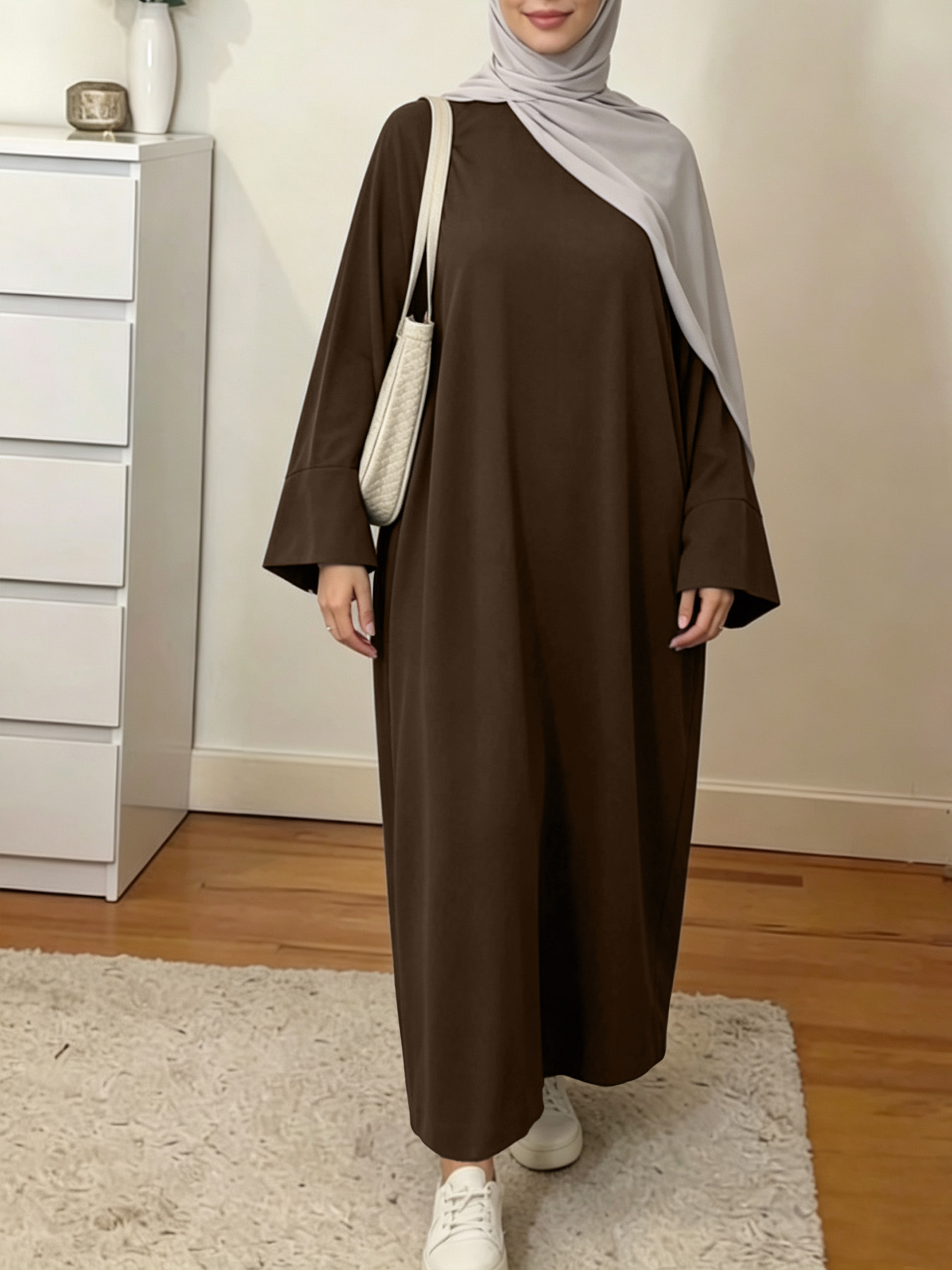 Robe Abaya musulmane pour femmes, couleur unie, ample, manches longues, robe maxi décontractée, kaftan islamique, robe de prière modeste