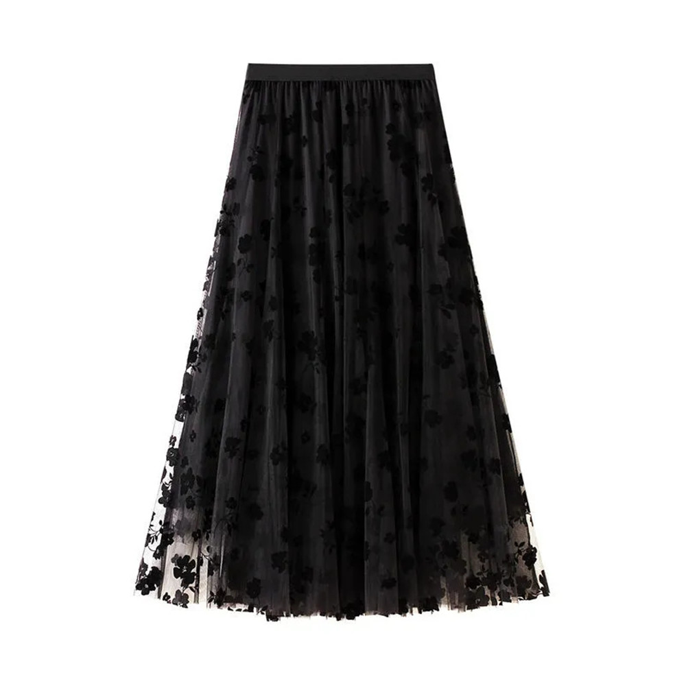 Jupe florale taille haute pour femme, jupe en tulle, maille plissée, midi, élastique, décontracté, vintage, dames, femme, automne, hiver