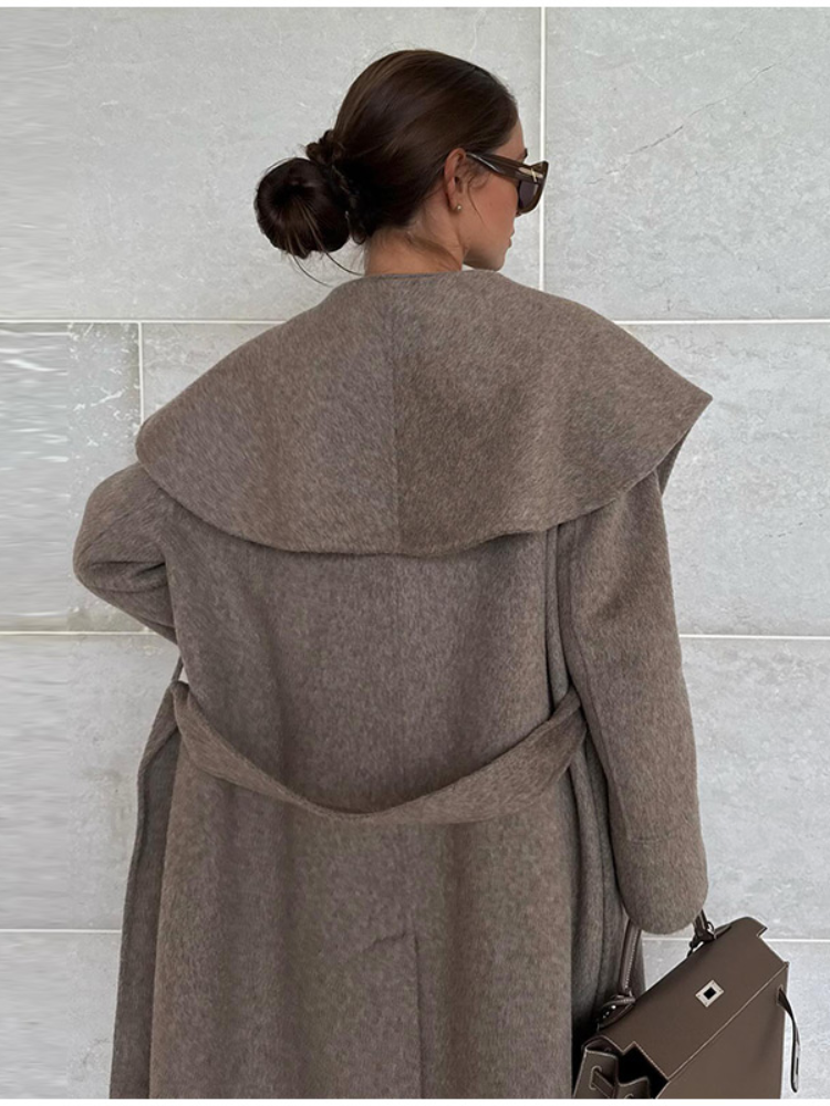 Manteau en laine à col Cape pour femme, élégant, mode, manches longues, ceinture, taille longue, automne hiver, vêtements d'extérieur chics, 2025