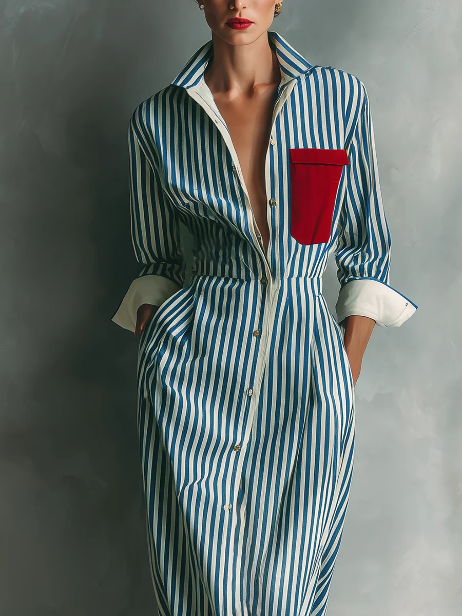 Robe chemise élégante à rayures pour femme, col rabattu décontracté, blocs de couleur, poches, longue, nouvelle tendance, gracieuse