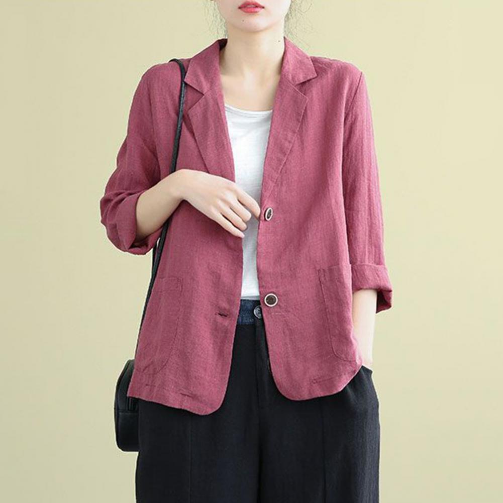 Manteau d'été en coton et lin pour femme, blazer vintage à manches longues, veste décontractée à revers avec poches