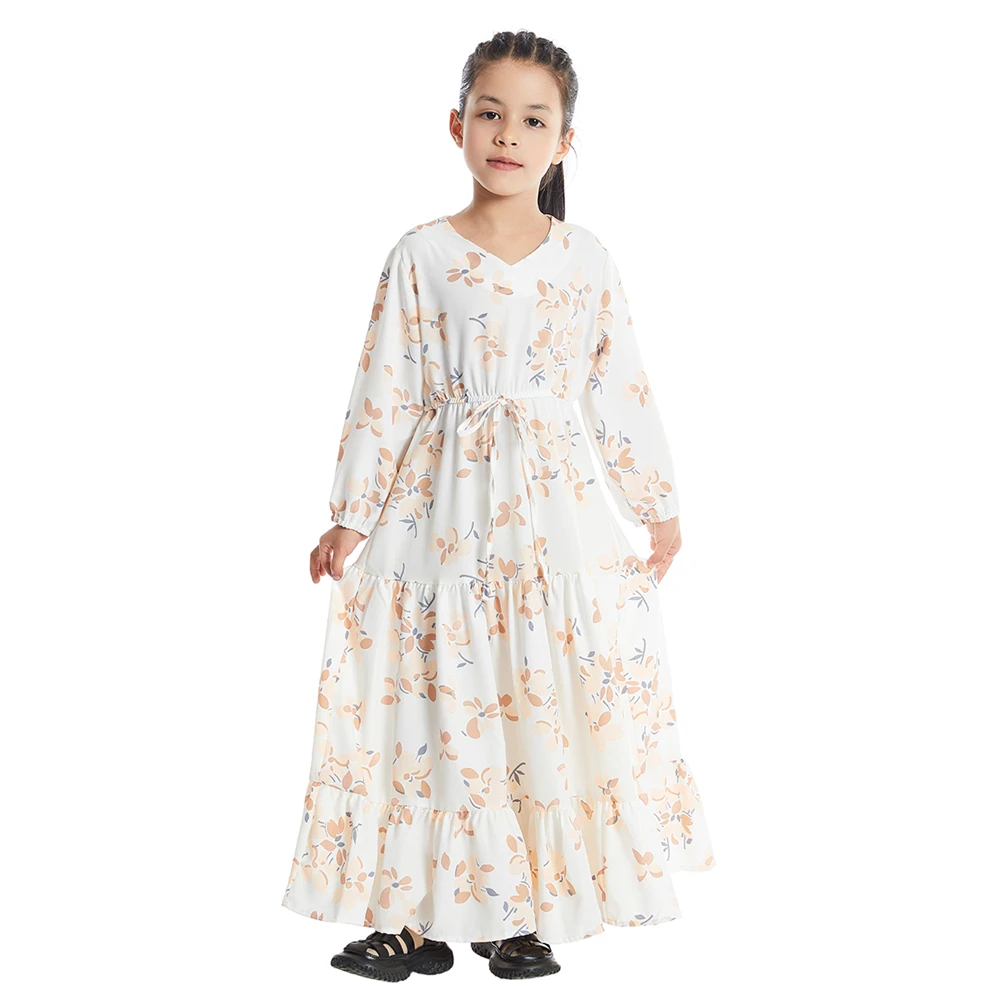 Abaya-Robe Longue à Imprimé Floral pour Enfant, Tenue Musulmane, Kaftan Arabe, Turquie, ixIslamique, Vacances, Dubaï, 2-12 Ans